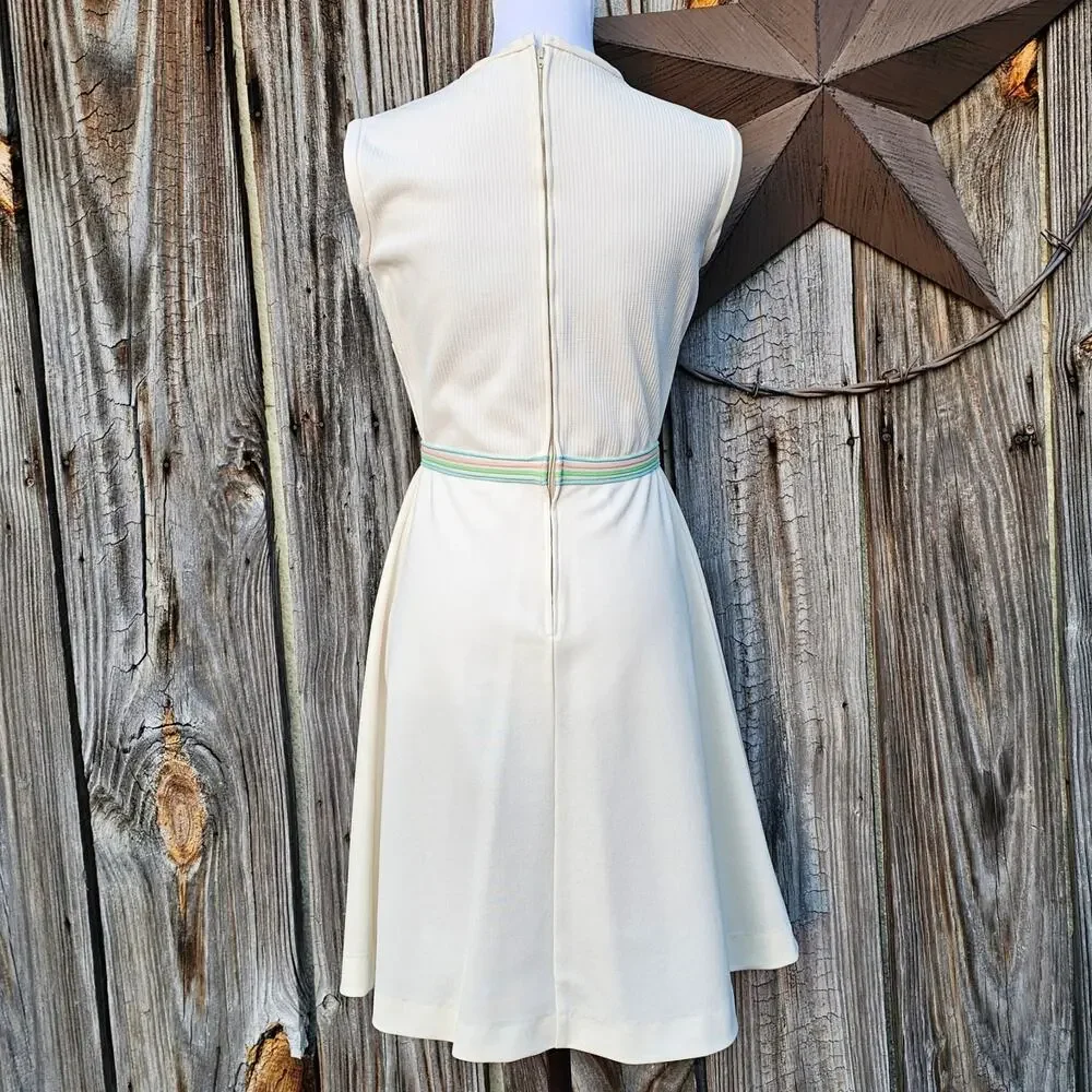 VTG Fit Flare Dress Off White Double Knit Sleeveless Pastel Stripe Vintage 70s - Picture 3 of 8
